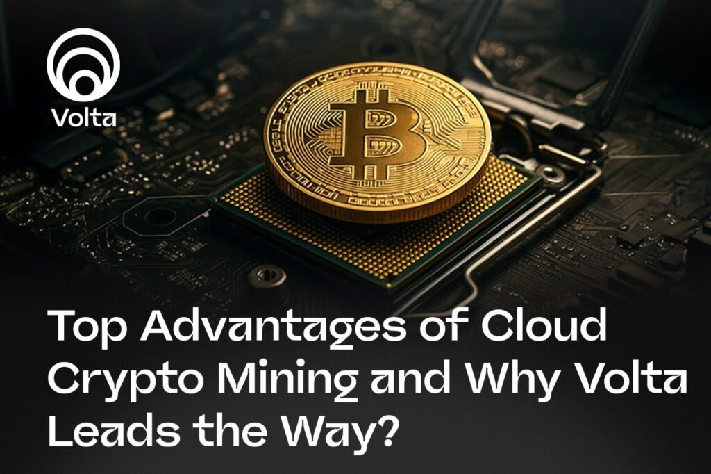 Cloud server icons with cryptocurrency symbols like Bitcoin and Ethereum, highlighting Volta as a leader in cloud crypto mining.