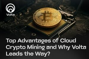 Cloud server icons with cryptocurrency symbols like Bitcoin and Ethereum, highlighting Volta as a leader in cloud crypto mining.