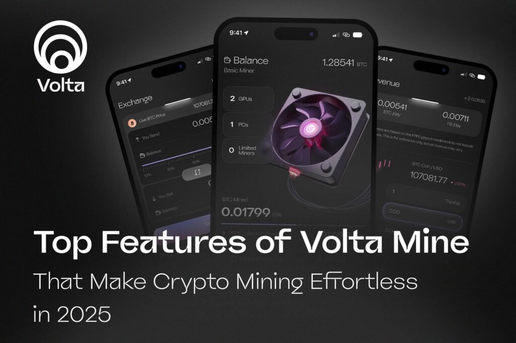 Modern digital mining interface with futuristic servers and cryptocurrency icons, representing Volta Mine’s effortless crypto mining features in 2025.