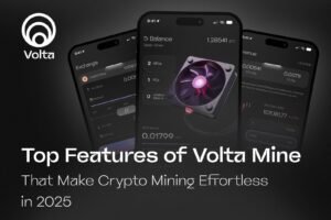 Modern digital mining interface with futuristic servers and cryptocurrency icons, representing Volta Mine’s effortless crypto mining features in 2025.